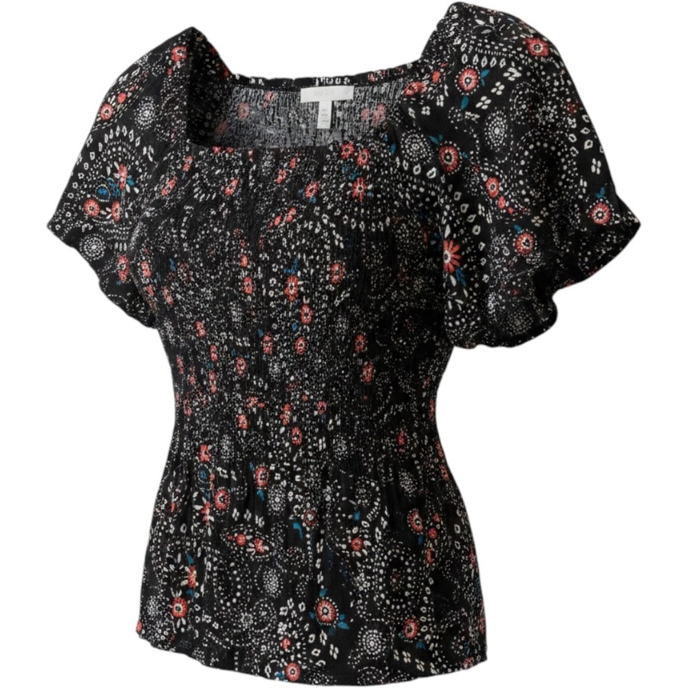 Angie Women Black Floral Boho Twist Front Peplum Top Smocked Back Small